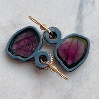 Striated Watermelon Tourmaline Slice Earrings with Octopus Tentacles